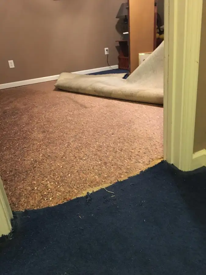 Carpet pad removal revealing water damage during Water Mitigation Services in Park Hills